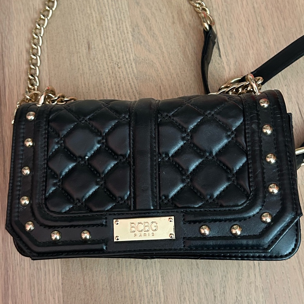 BCBG Black Quilted Crossbody Bag with Gold Accents
